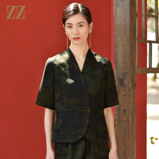 佐尔美夏季新款 重磅印花香云纱新中式优雅通勤套装衬衣女E32CS63 商品图0