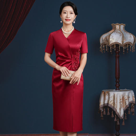 JC-5399酒红色喜婆婆婚宴装女年轻小个子婚礼服洋气年轻高贵夏装 商品图2