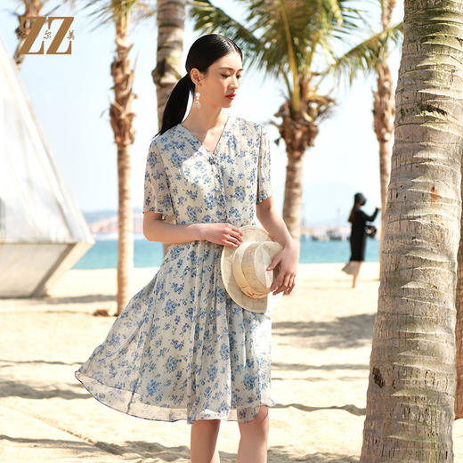 佐尔美夏季新款 真丝乔其V领碎花100%桑蚕丝真丝连衣裙女E32LS59 商品图1