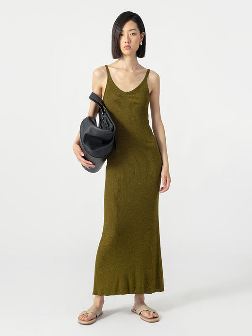 322工房经典再造真丝螺纹修身针织吊带长裙2023夏款V领连衣裙B068 商品图1