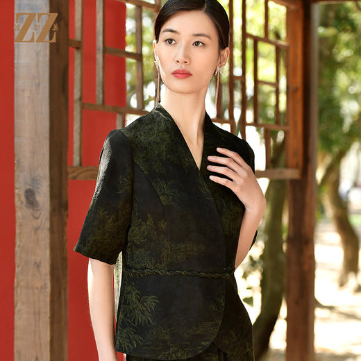 佐尔美夏季新款 重磅印花香云纱新中式优雅通勤套装衬衣女E32CS63 商品图3