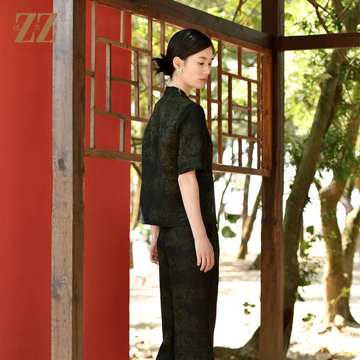 佐尔美夏季新款 重磅印花香云纱新中式优雅通勤套装衬衣女E32CS63 商品图4