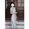 【服装鞋包】 青绿色蕾丝剪花雪纺旗袍连衣裙 商品缩略图3