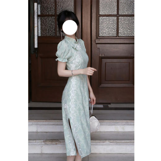 【服装鞋包】 青绿色蕾丝剪花雪纺旗袍连衣裙 商品图3