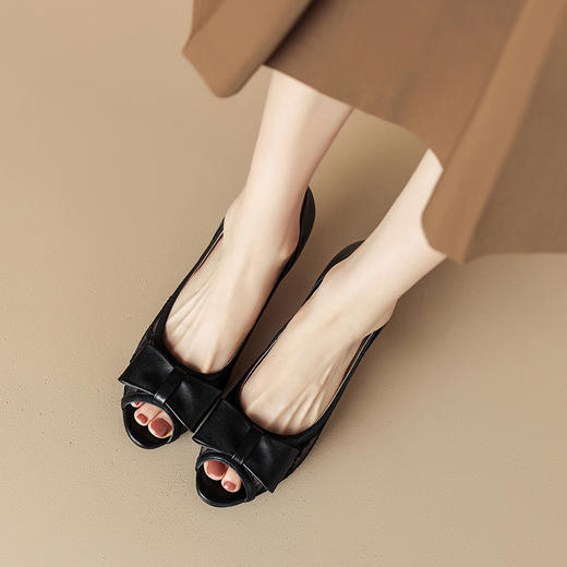 优雅性感，鱼嘴蝴蝶结真皮拼接网纱高跟凉鞋QS-23014 商品图12