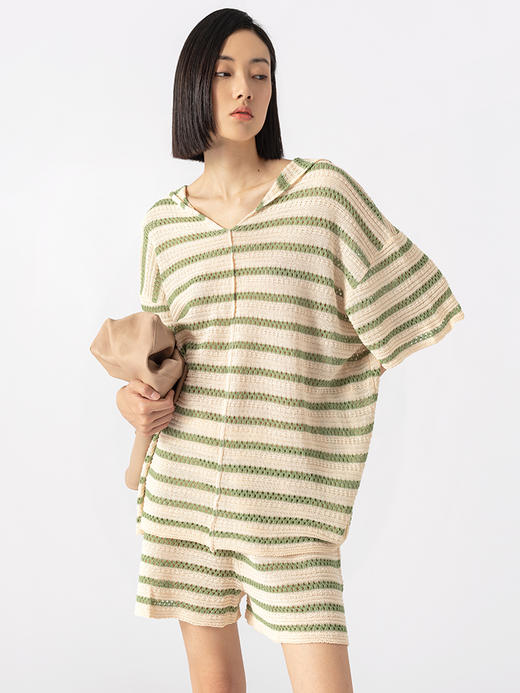 322工房编织夏日和纸纱条纹连帽针织短裤套装2023夏镂空套头B045 商品图0