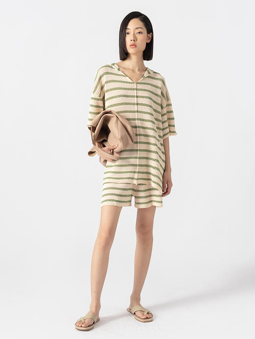 322工房编织夏日和纸纱条纹连帽针织短裤套装2023夏镂空套头B045 商品图1