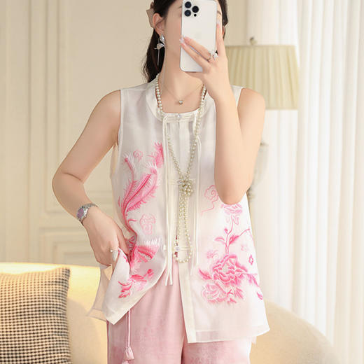 FLZD-A9338新中式国风马甲感云丝改良无袖上衣女夏重工凤凰刺绣宽松9338 商品图2