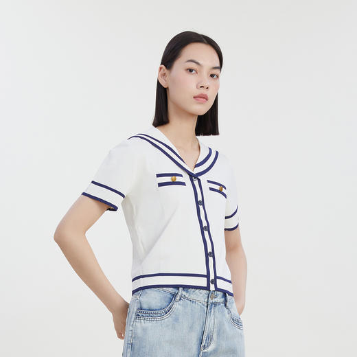 谜底针织衫短袖女2023夏季新款海军风短款拼色针织开衫232MZ0891 商品图1