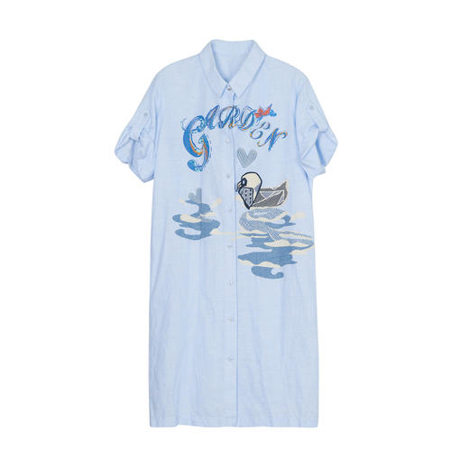 谜底宽松H型衬衫式连衣裙2023夏新款卡通印花棉麻中长裙232ML0676 商品图4