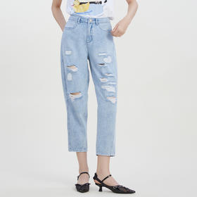 谜底复古破洞牛仔裤女2023夏季新款百搭宽松萝卜九分裤232MK0544