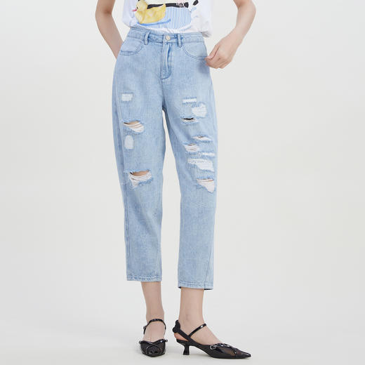 谜底复古破洞牛仔裤女2023夏季新款百搭宽松萝卜九分裤232MK0544 商品图0