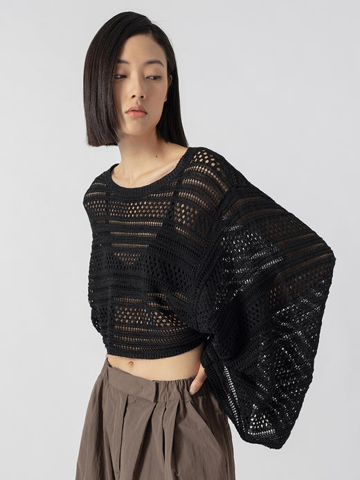 322工房镂空编织和纸纱宽松针织罩衫2023春夏长袖休闲空调衫B060 商品图0