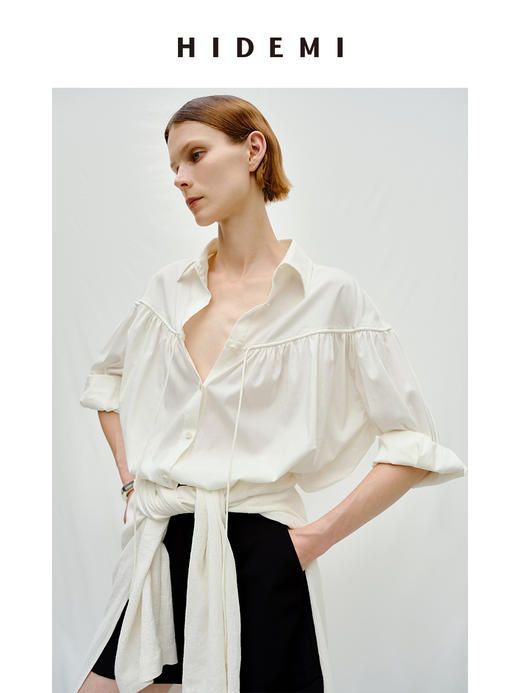 HIDEMI度假系列水洗亚麻褶皱细带极简款翻领衬衫 商品图4