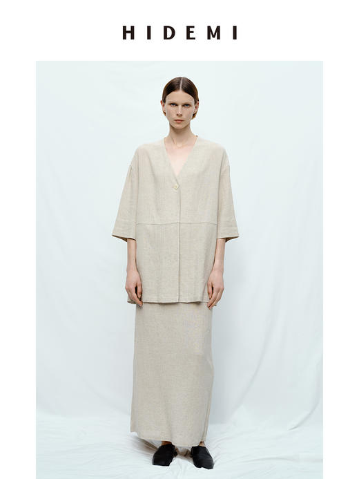 HIDEMI度假系列山丘灰肌理感水洗亚麻套装 V领上衣/半身裙 商品图1