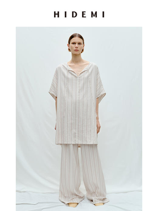 HIDEMI度假系列条纹亚麻开口领廓形套装 上衣/阔腿裤 商品图0