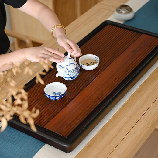 祥福行远茶盘 中式家用办公室小型托盘武夷楠竹直排式茶托简约茶台新款茶具茶盘 商品图5
