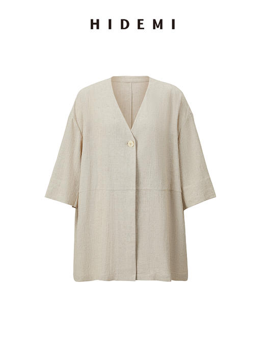 HIDEMI度假系列山丘灰肌理感水洗亚麻套装 V领上衣/半身裙 商品图6