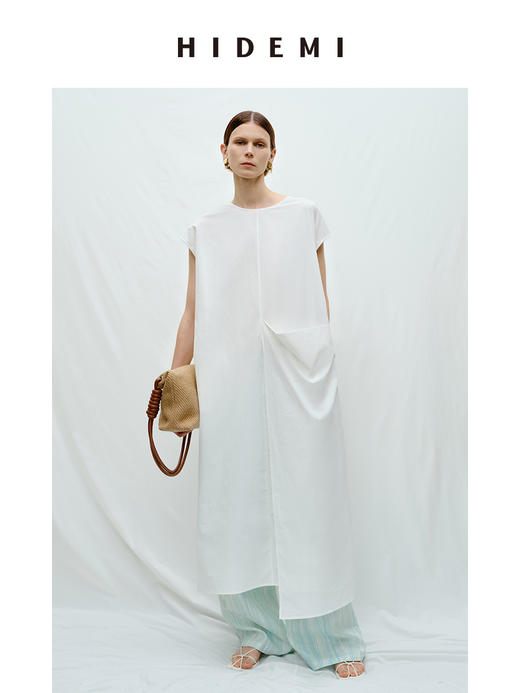 HIDEMI度假系列极简不对称廓形大口袋水洗棉连衣裙 沙丘灰/自然白 商品图4