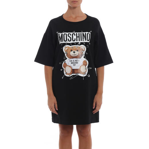【一】MOSCHINO COUTURE 莫斯奇诺 女士棉质小熊徽标印花圆领短袖T恤裙 黑色 0444 5526 1555 商品图1