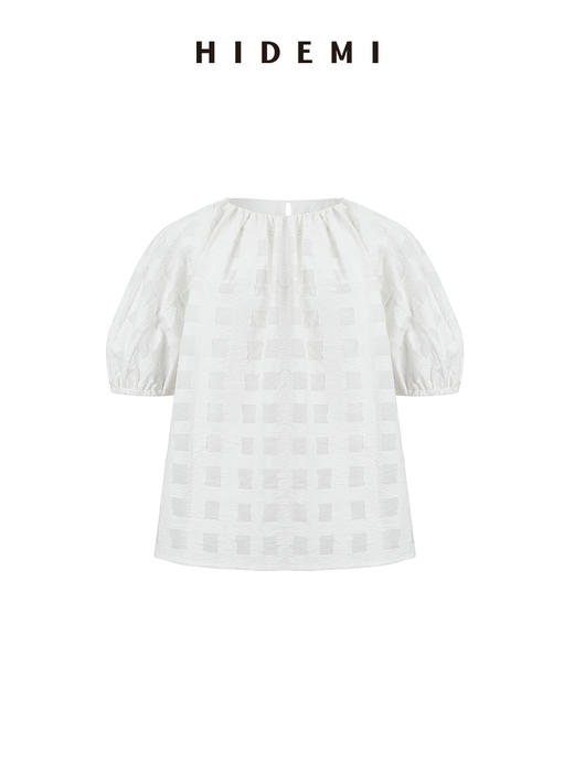 HIDEMI度假系列浮雕感艺术提花白色格纹茧型泡泡套装 上衣/茧型半身裙 商品图5