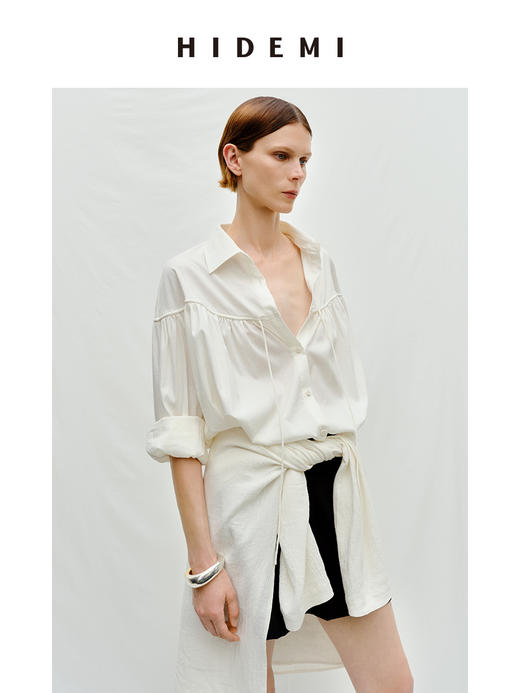 HIDEMI度假系列水洗亚麻褶皱细带极简款翻领衬衫 商品图3