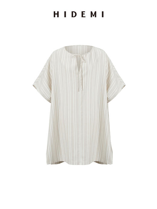 HIDEMI度假系列条纹亚麻开口领廓形套装 上衣/阔腿裤 商品图7