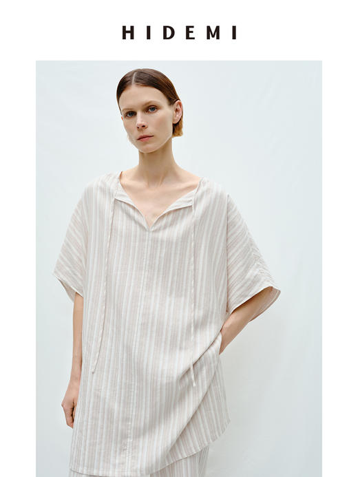 HIDEMI度假系列条纹亚麻开口领廓形套装 上衣/阔腿裤 商品图1