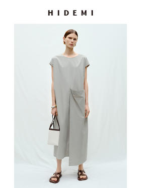 HIDEMI度假系列极简不对称廓形大口袋水洗棉连衣裙 沙丘灰/自然白