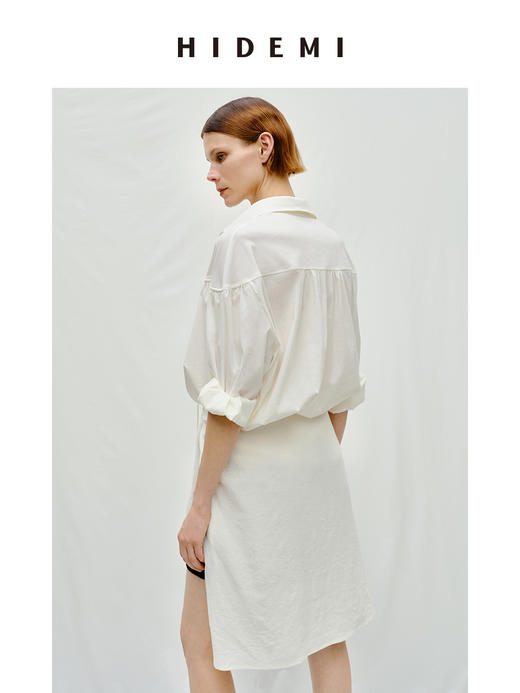 HIDEMI度假系列水洗亚麻褶皱细带极简款翻领衬衫 商品图5