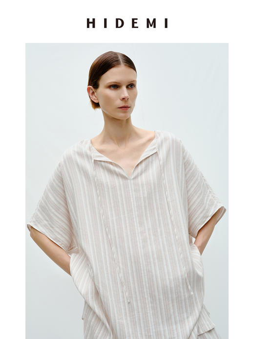 HIDEMI度假系列条纹亚麻开口领廓形套装 上衣/阔腿裤 商品图3