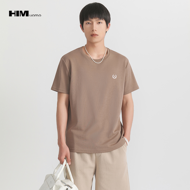 HIM漢崇   舒适透气休闲短袖T恤男士简约植绒印花圆领上衣 2026夏季