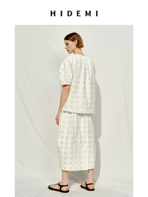 HIDEMI度假系列浮雕感艺术提花白色格纹茧型泡泡套装 上衣/茧型半身裙 商品图2