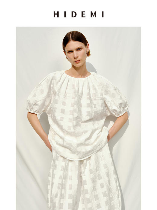 HIDEMI度假系列浮雕感艺术提花白色格纹茧型泡泡套装 上衣/茧型半身裙 商品图1