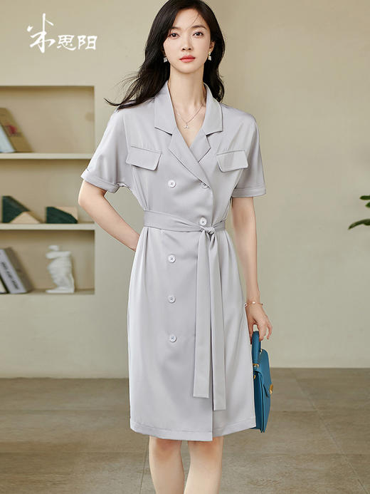 剩S/M/L/XL/XXL 米思阳2024夏季新款经典职场短袖西装连衣裙通勤设计感中长裙1525 商品图0