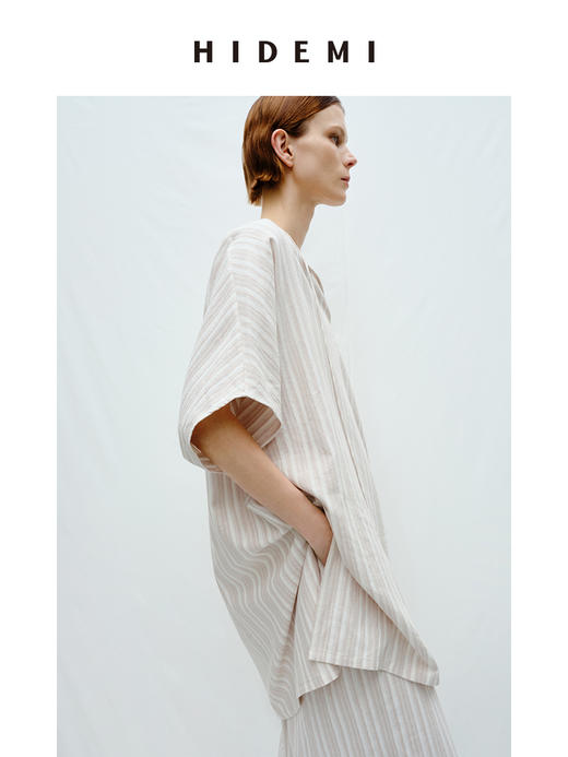 HIDEMI度假系列条纹亚麻开口领廓形套装 上衣/阔腿裤 商品图5