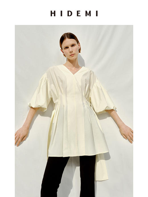 HIDEMI 度假系列奶油花苞袖v领收腰可拆卸腰带设计感多穿上衣 商品图5