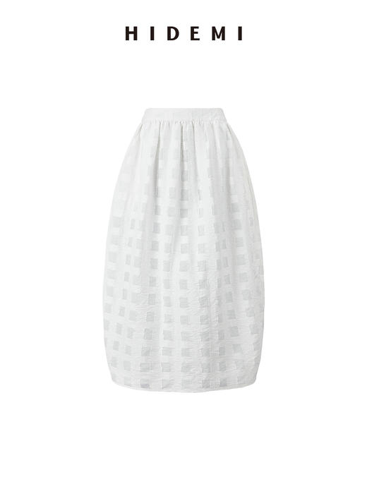 HIDEMI度假系列浮雕感艺术提花白色格纹茧型泡泡套装 上衣/茧型半身裙 商品图6