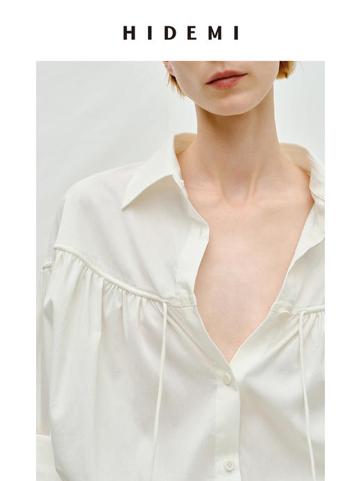HIDEMI度假系列水洗亚麻褶皱细带极简款翻领衬衫 商品图7