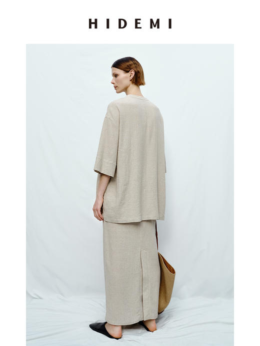 HIDEMI度假系列山丘灰肌理感水洗亚麻套装 V领上衣/半身裙 商品图5