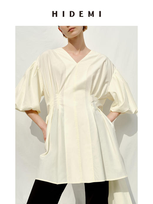 HIDEMI 度假系列奶油花苞袖v领收腰可拆卸腰带设计感多穿上衣 商品图4