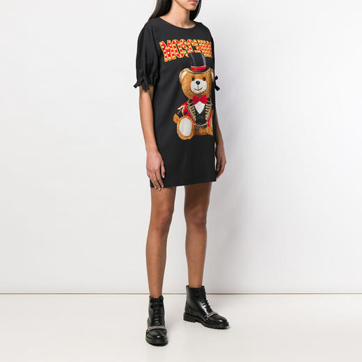 MOSCHINO COUTURE 莫斯奇诺 女士棉质圣诞熊徽标印花短袖T恤裙 黑色 0447 0565 1555 商品图1