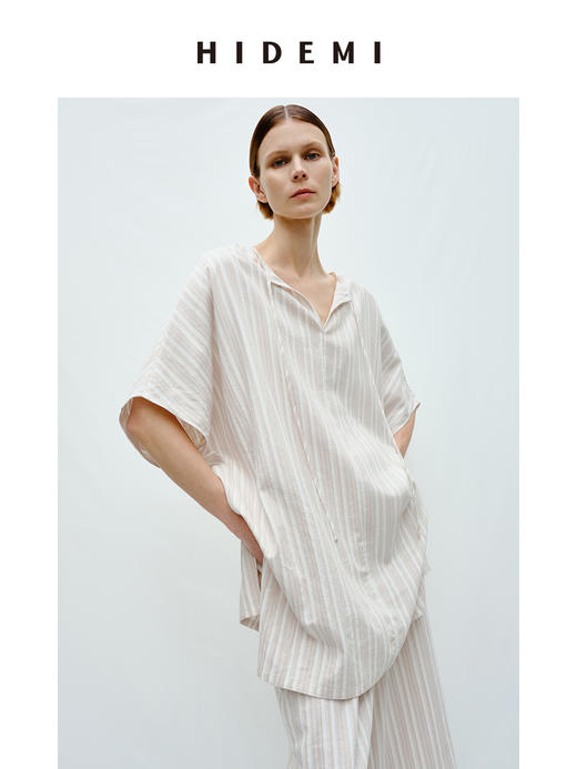 HIDEMI度假系列条纹亚麻开口领廓形套装 上衣/阔腿裤 商品图4