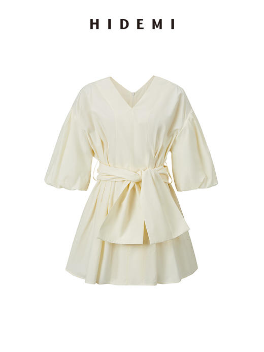 HIDEMI 度假系列奶油花苞袖v领收腰可拆卸腰带设计感多穿上衣 商品图6