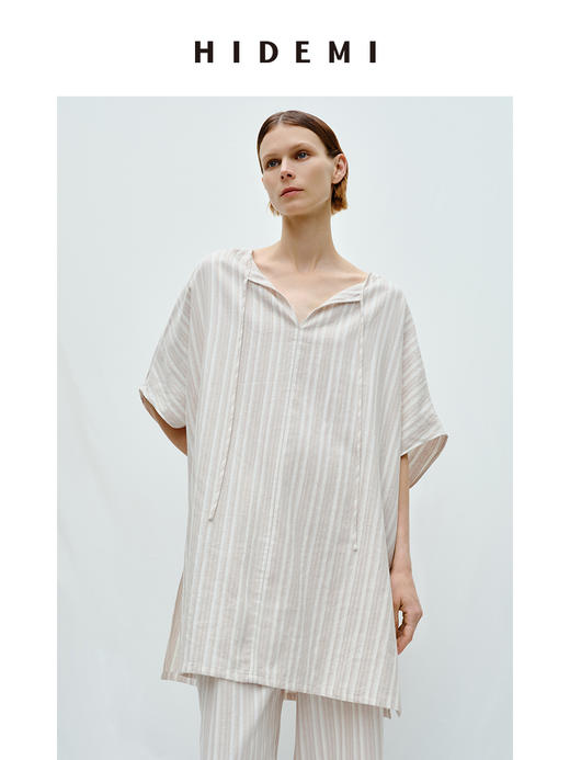 HIDEMI度假系列条纹亚麻开口领廓形套装 上衣/阔腿裤 商品图2