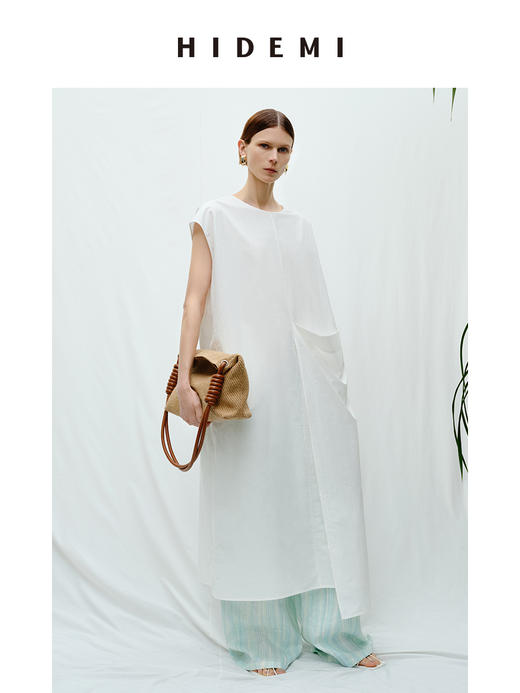 HIDEMI度假系列极简不对称廓形大口袋水洗棉连衣裙 沙丘灰/自然白 商品图5