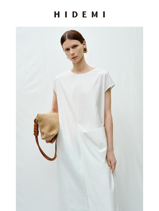HIDEMI度假系列极简不对称廓形大口袋水洗棉连衣裙 沙丘灰/自然白 商品图6