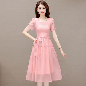 QYM SLA321-L收腰简约时尚雪纺大摆裙方领气质连衣裙