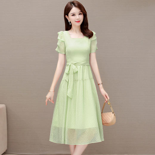 QYM SLA321-L收腰简约时尚雪纺大摆裙方领气质连衣裙 商品图1