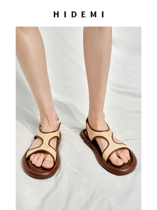 HIDEMI 度假系列云朵厚底拉菲草拼接凉鞋 商品图0